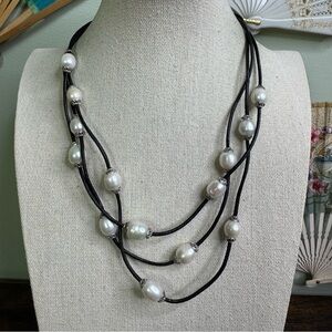 Lucas Lameth White Pearl Necklace Triple Strand Black Cord Signed Luc 925